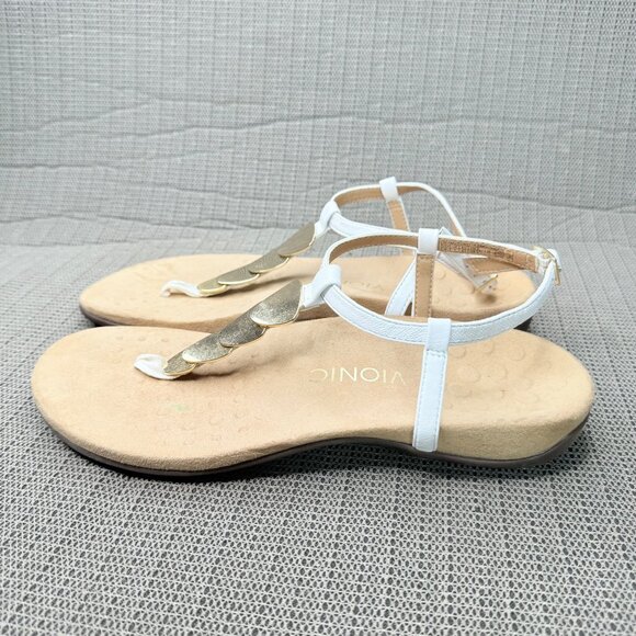 Vionic Womens Size 9 White Miami T-Strap Sandals With Gold Accents - Picture 2 of 9